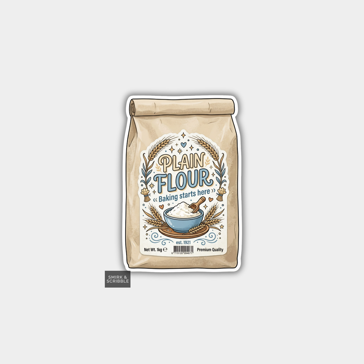 Bag of plain flour with a decorative label on a light gray background