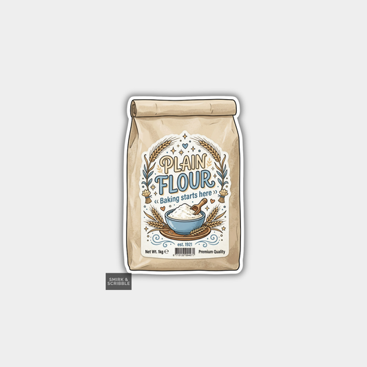 Bag of plain flour with a decorative label on a light gray background
