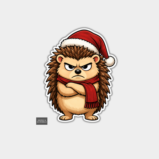 Funny Christmas Sticker - Sulking Hedgehog In Santa Hat