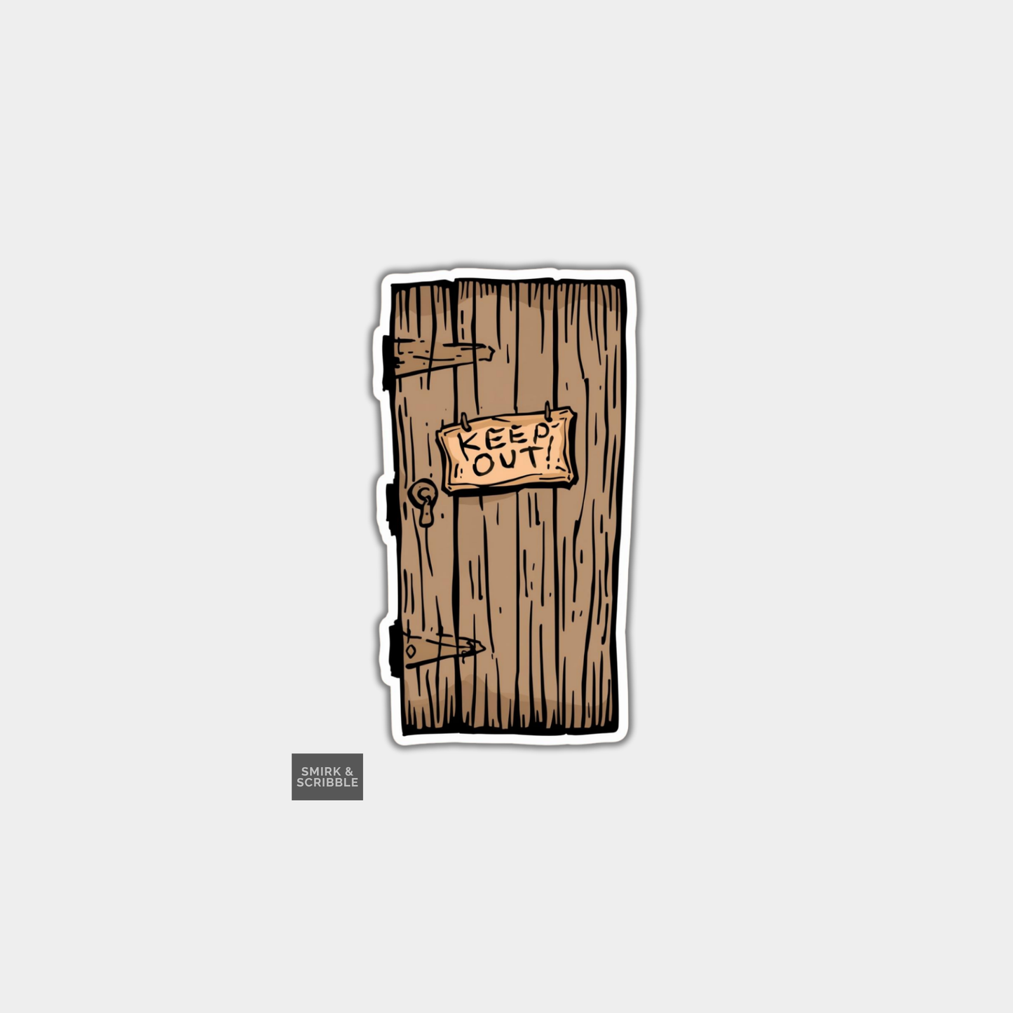 Wooden door with 'Keep Out' sign on a white background