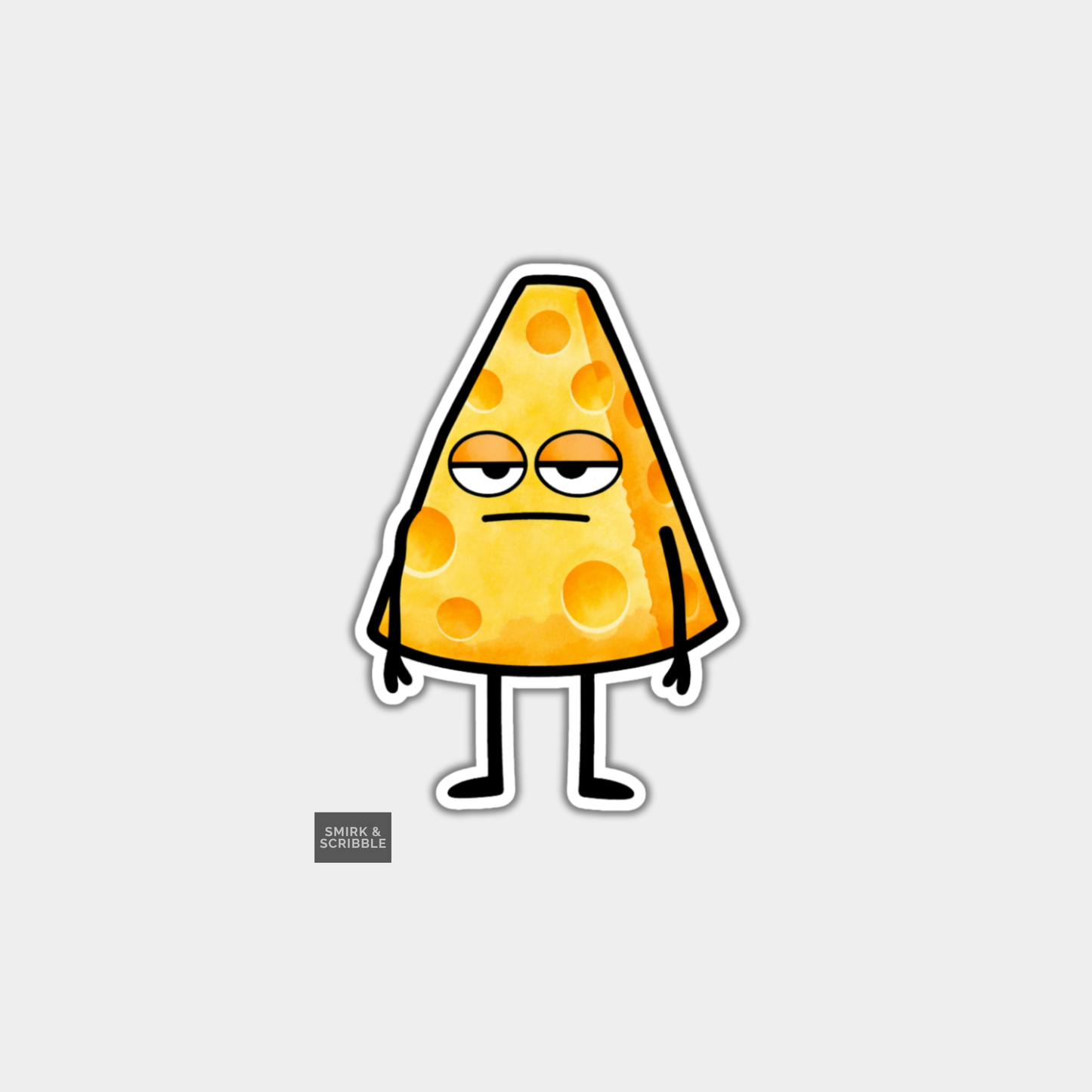 Cartoon cheese wedge character with arms and legs on a light gray background