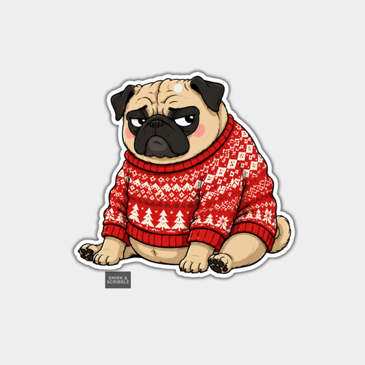 Funny Christmas Gift Tags - Cute Grumpy Pug In Xmas Jumper