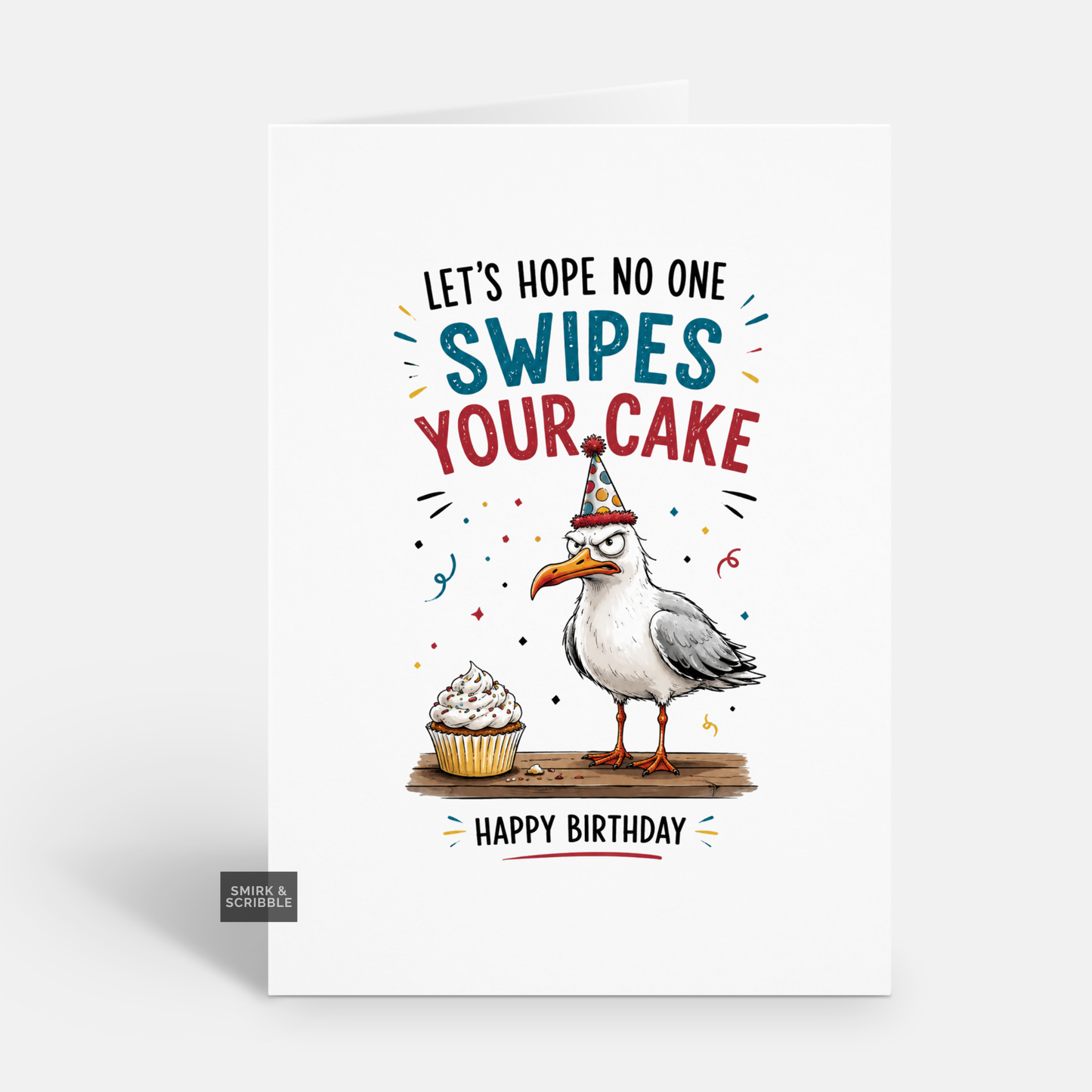 Funny Birthday Card - Seagull Swipes Cake