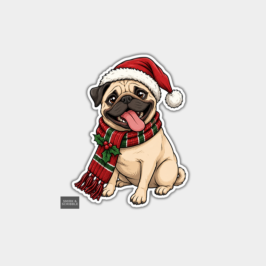 Funny Christmas Sticker - Cute Pug With Scarf Sitting