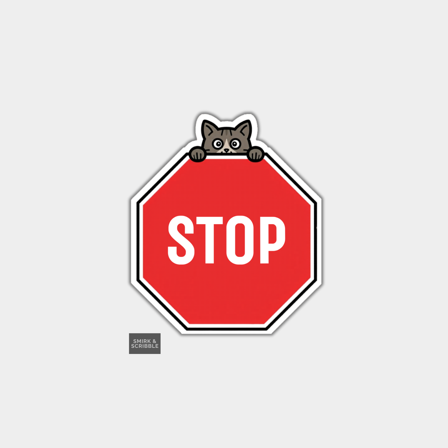Red stop sign with a cat peeking out on a light gray background