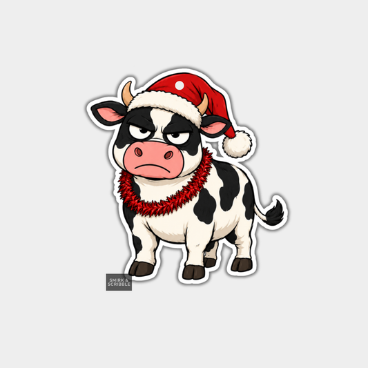 Funny Christmas Gift Tags - Grumpy Cow In Santa Hat With Tinsel