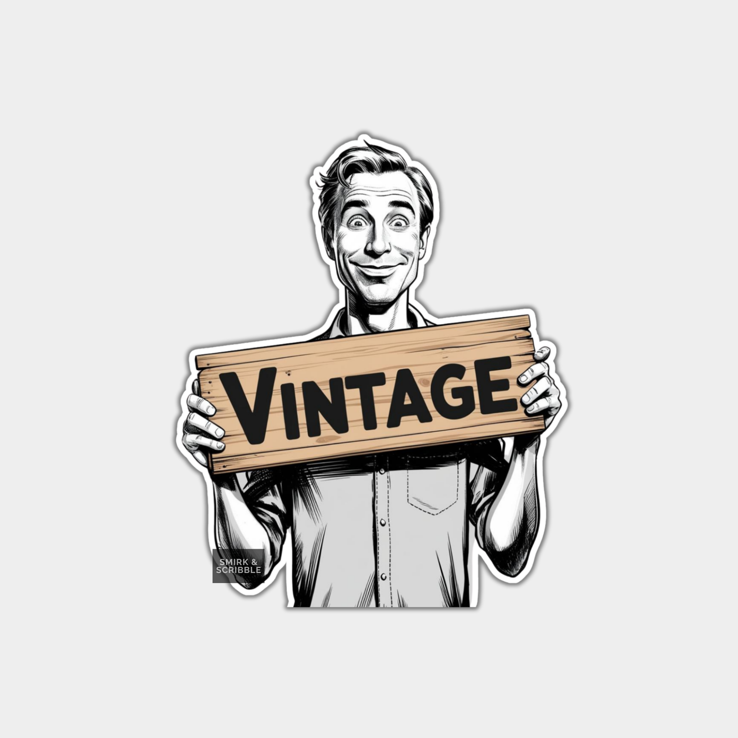 Cartoon character holding a 'Vintage' sign on a light gray background