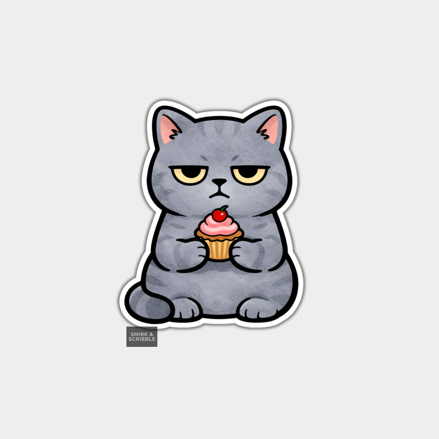 Cartoon cat holding a cupcake with a red cherry on top against a light gray background.