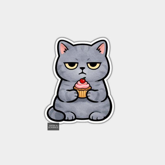 Cartoon cat holding a cupcake with a red cherry on top against a light gray background.