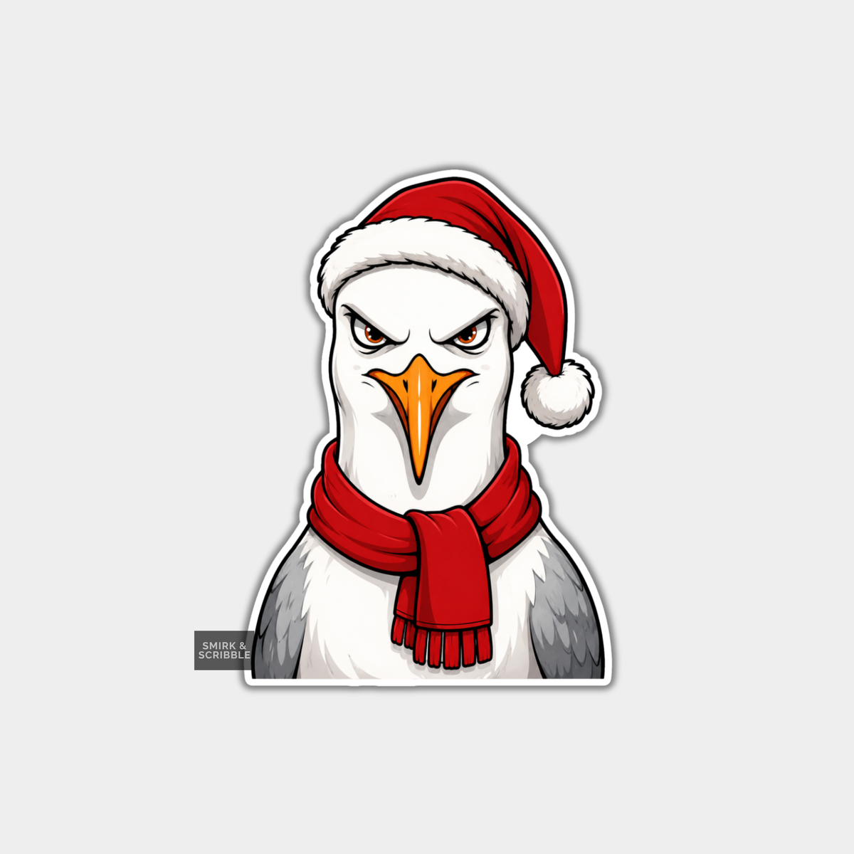 Funny Christmas Sticker - Angry Seagull In Santa Hat & Scarf