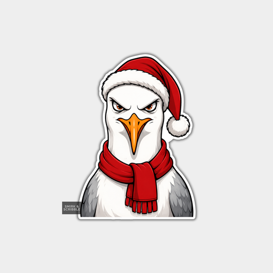 Funny Christmas Sticker - Angry Seagull In Santa Hat & Scarf