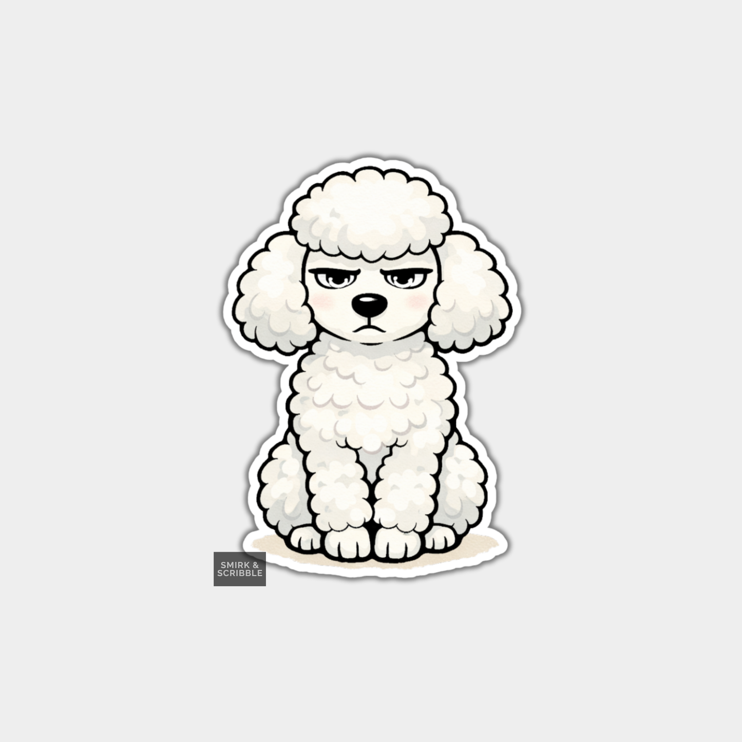 Cartoon-style white poodle on a light gray background