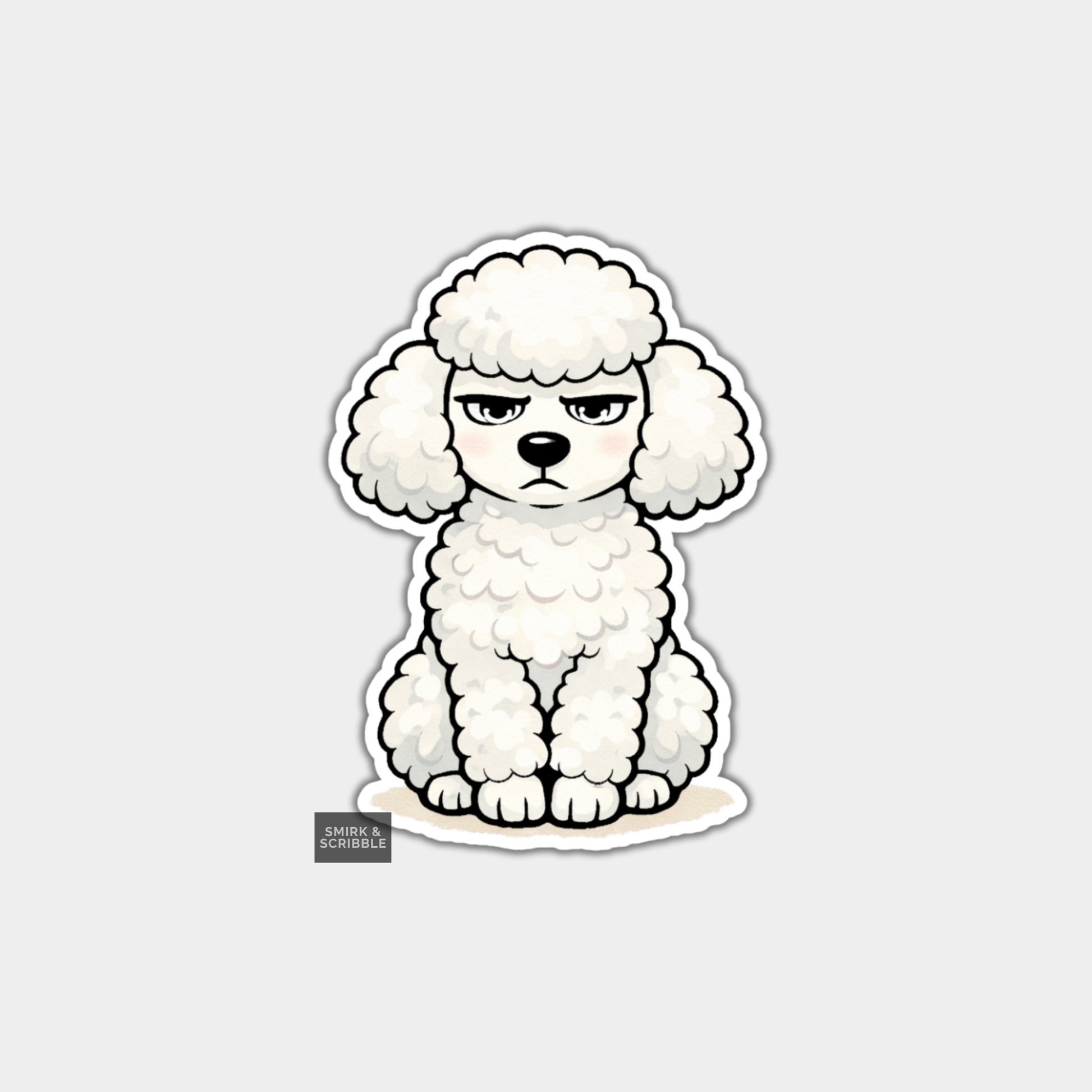 Cartoon-style white poodle on a light gray background