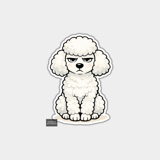 Cartoon-style white poodle on a light gray background