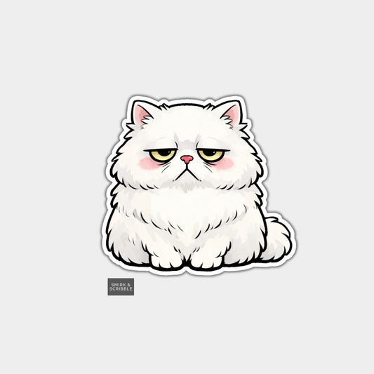 Sticker of a white cat with a grumpy expression on a light gray background