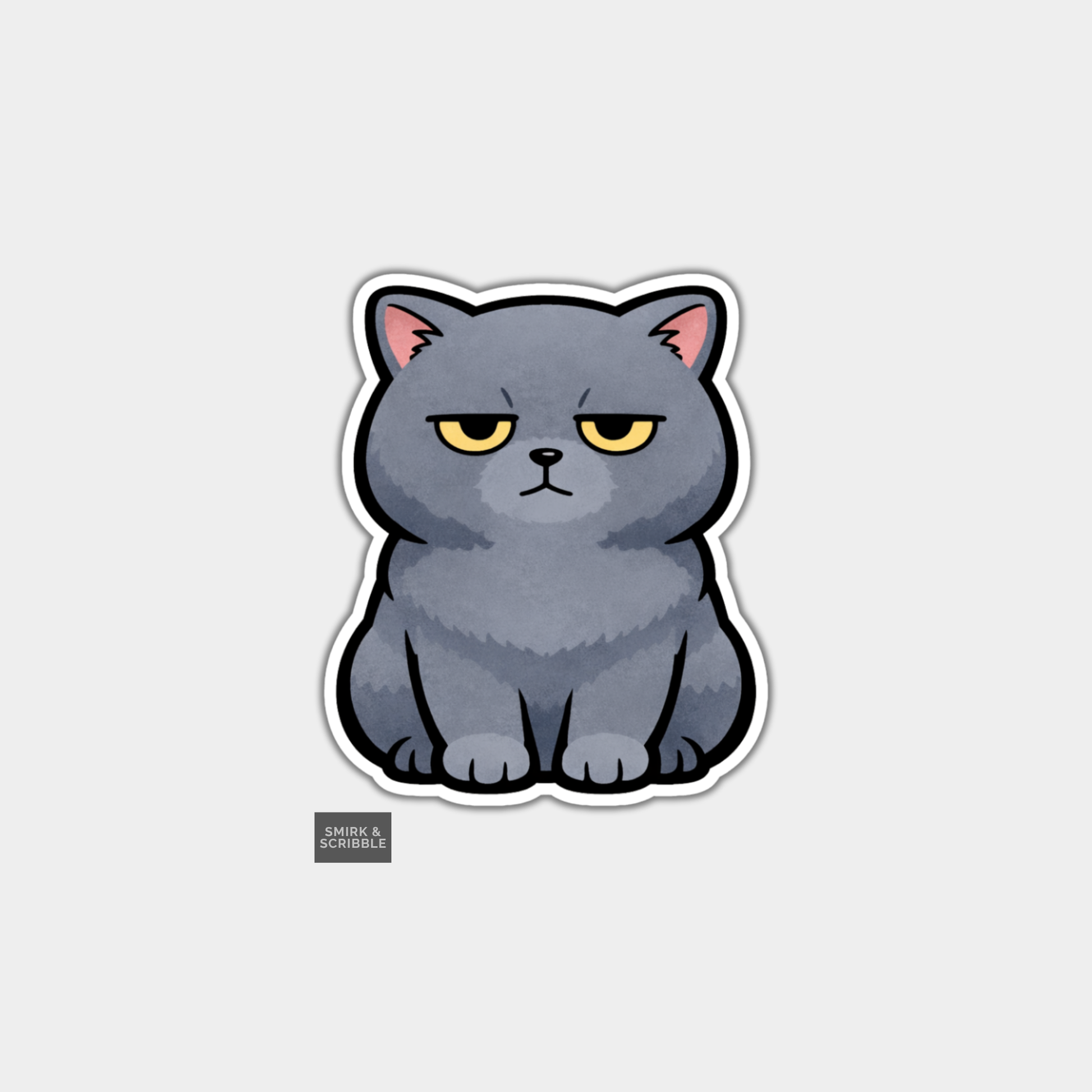 Sticker of a gray cat with yellow eyes on a light gray background