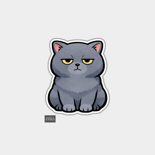 Sticker of a gray cat with yellow eyes on a light gray background