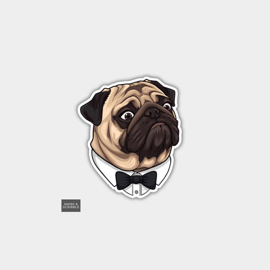Funny Die Cut Vinyl Sticker - Pug In Bow Tie