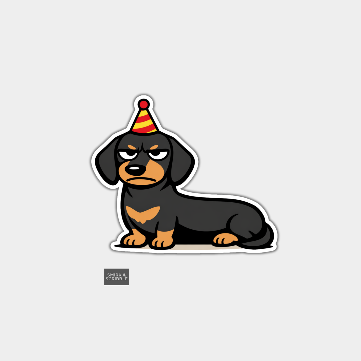 Funny Vinyl Die Cut Sticker - Birthday Dachshund

Add a "long" touch of festive personality to your daily routine with our Birthday Dachshund sticker! Perfect for sausage dog devotees, party enthusiasts, and stationery fans with a sense of humour, this "hot-dogging" and quirky design is a delightful way to personalise your favourite items and celebrate another "wiener" year.

Printed on premium matte vinyl, this sticker features a smooth, high-quality finish that looks brilliant on notebooks, journals, diar