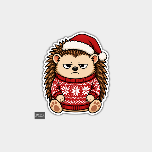 Funny Christmas Sticker - Grumpy Hedgehog In Santa Hat