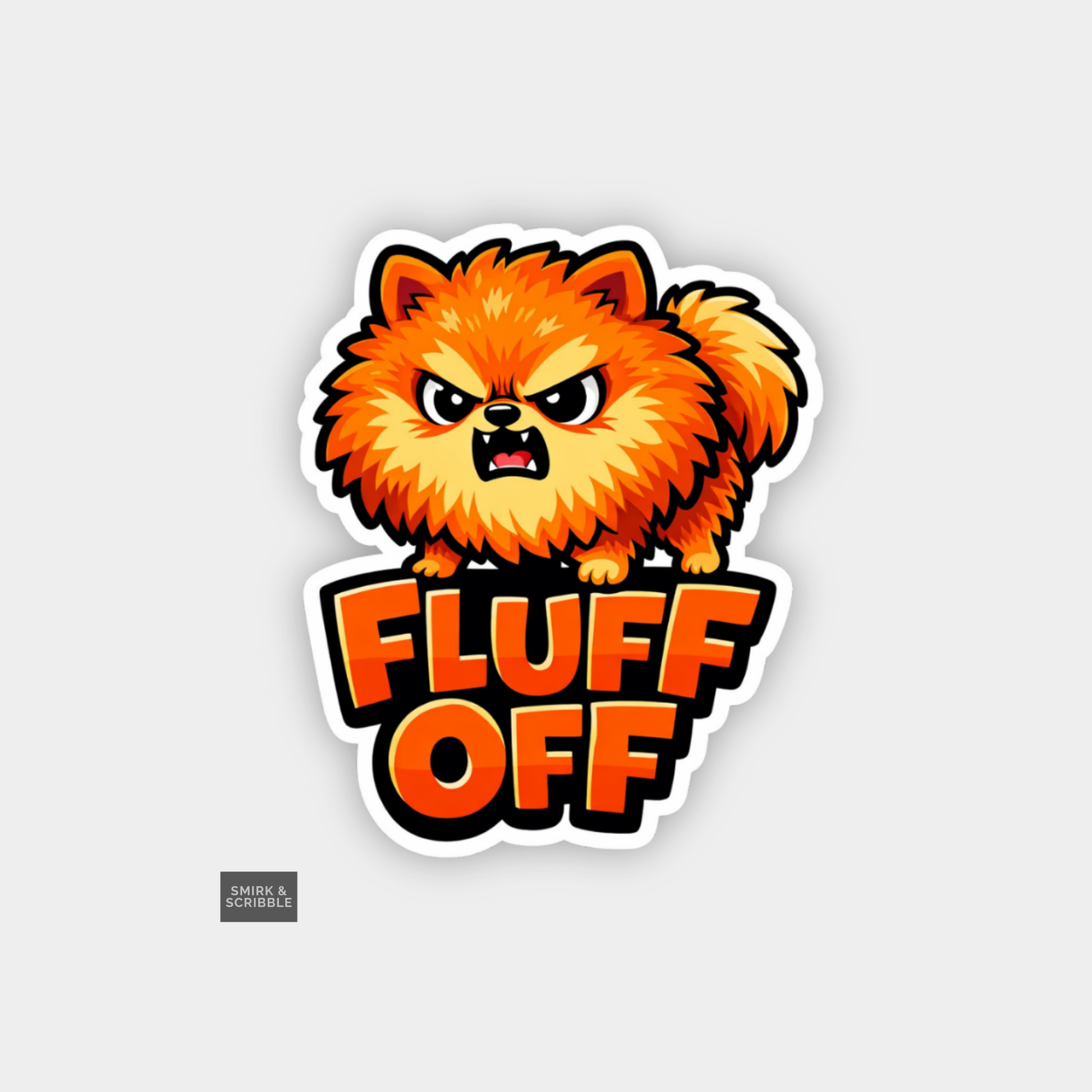 Cartoon dog with 'FLUFF OFF' text on a gray background