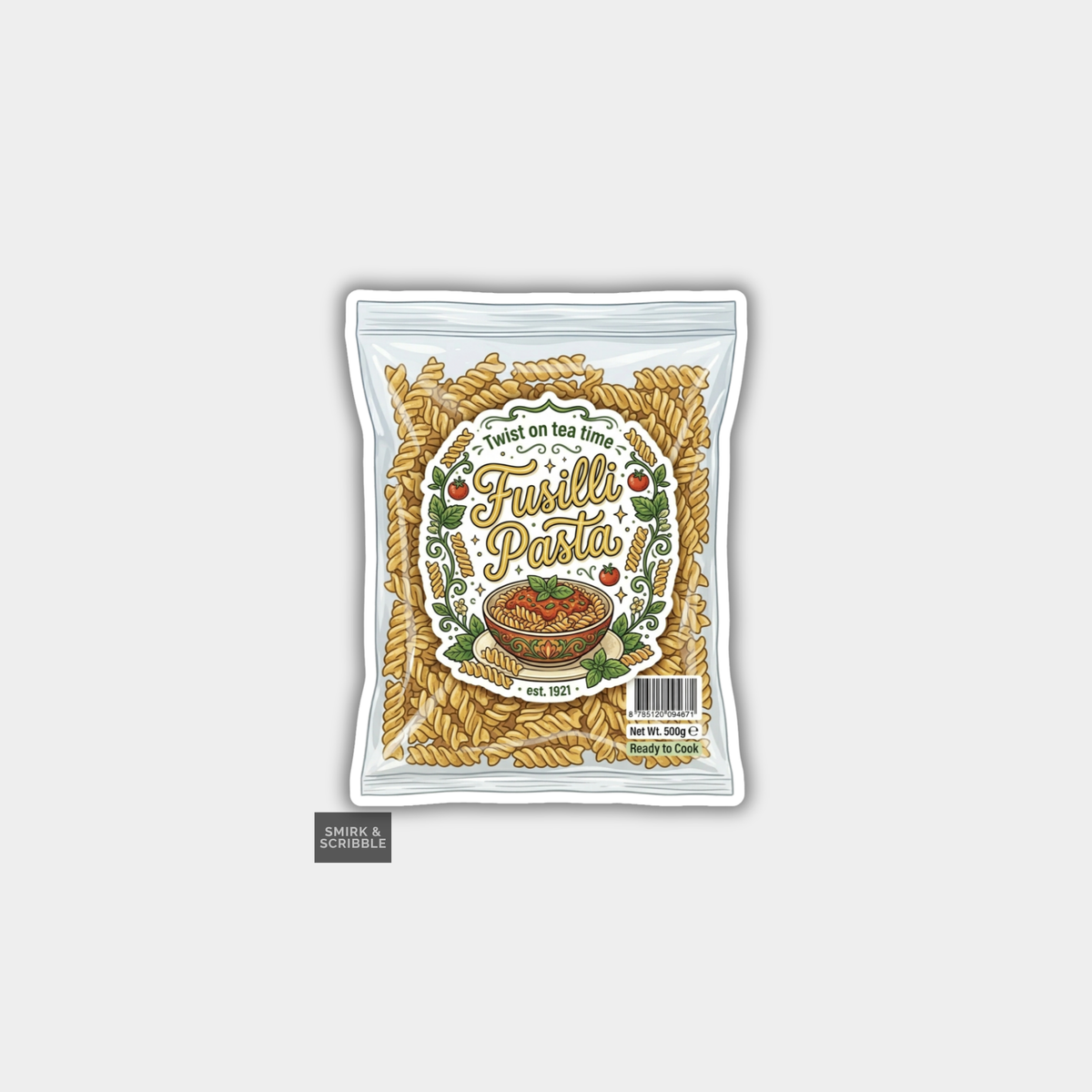 Packaged fusilli pasta with decorative label on a light gray background