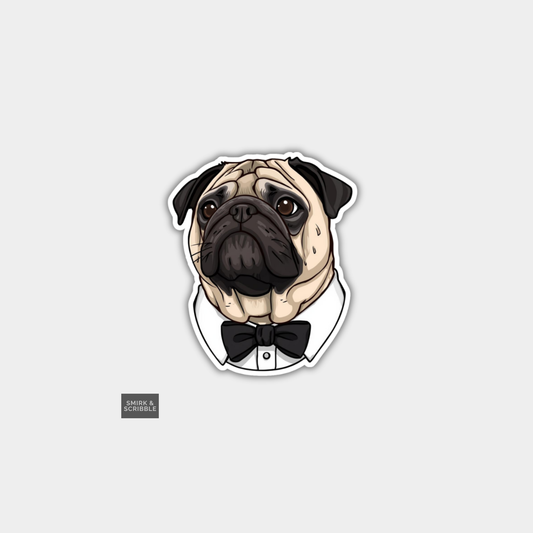 Funny Die Cut Vinyl Sticker - Bow Tie Pug Dog