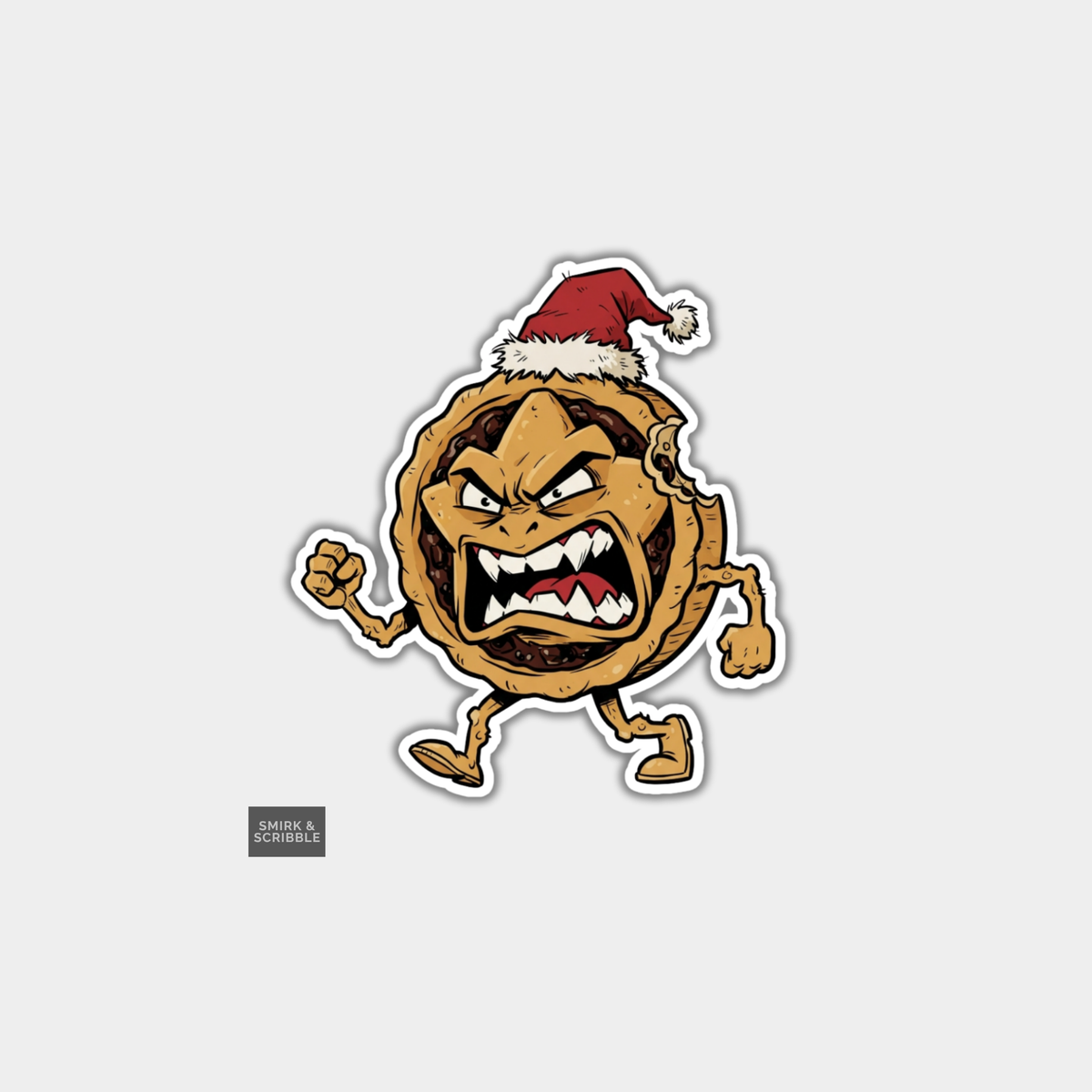 Funny Christmas Sticker - Angry Mince Pie In Santa Hat