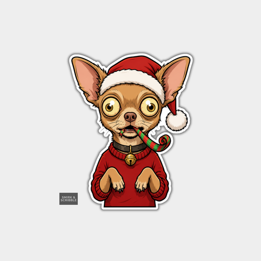 Funny Christmas Sticker - Weird Chihuahua In Santa Hat