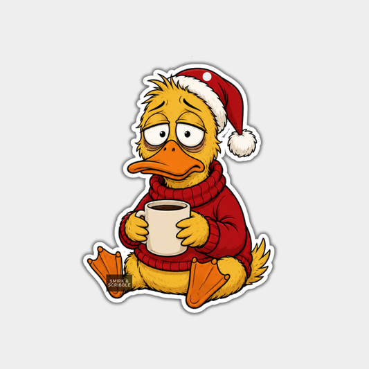 Funny Christmas Gift Tags - Sad Duck In Santa Hat With Coffee