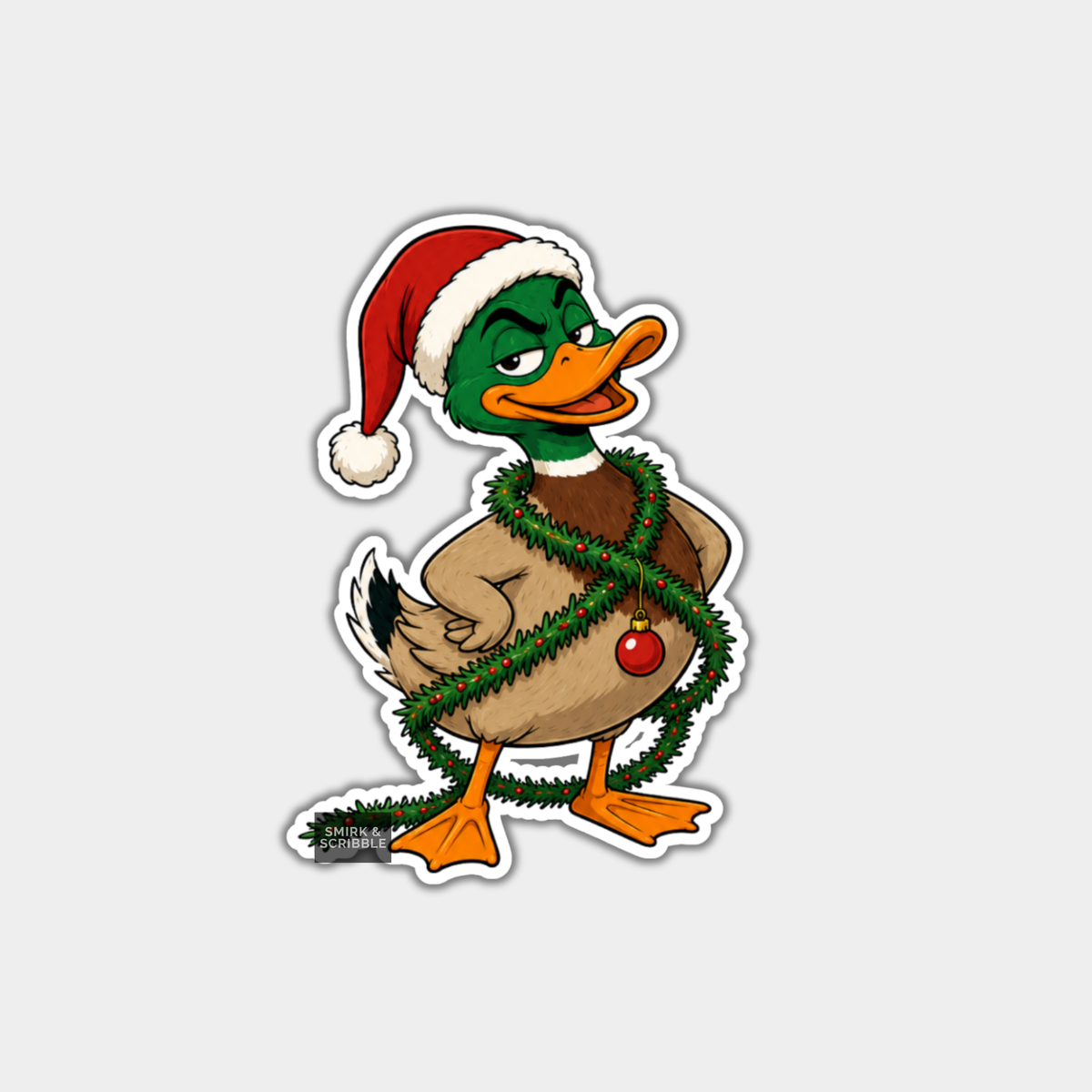 Funny Christmas Sticker - Cheeky Duck With Tinsel Posing