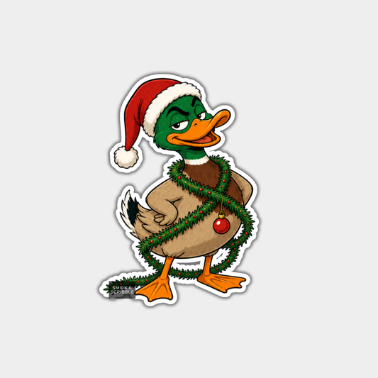 Funny Christmas Sticker - Cheeky Duck With Tinsel Posing