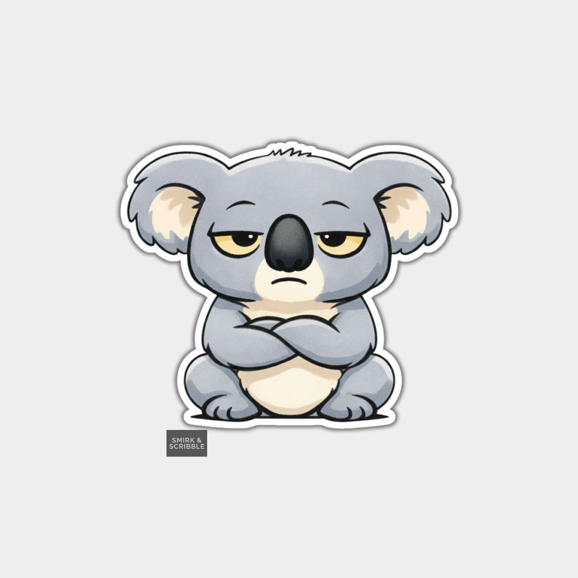 Cartoon koala with arms crossed on a light gray background
