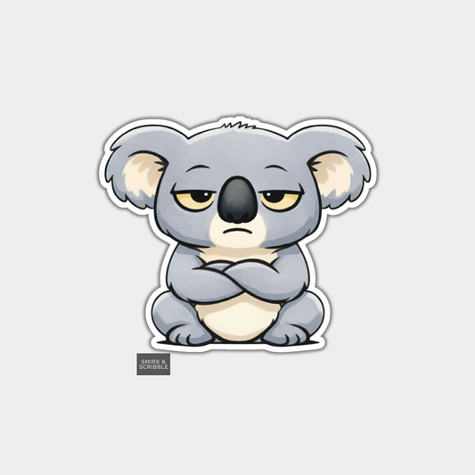 Cartoon koala with arms crossed on a light gray background