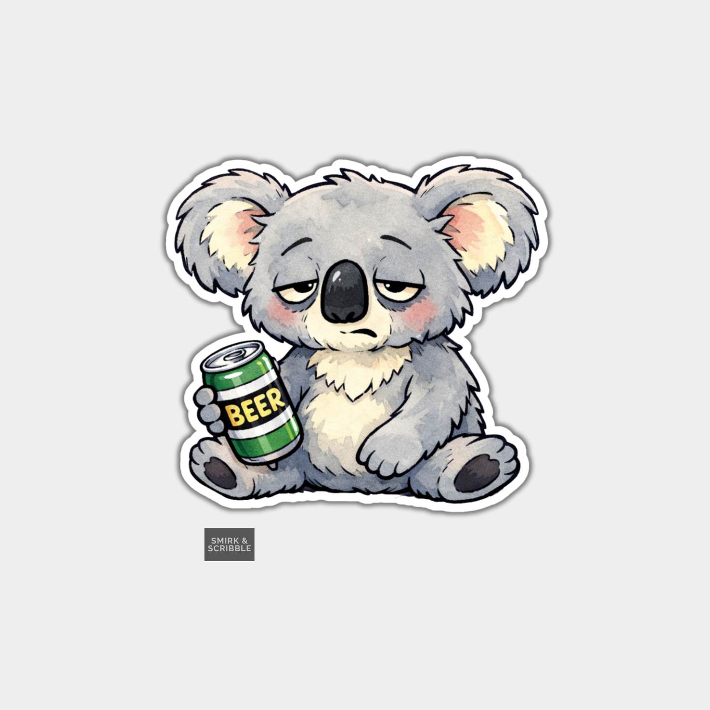 Sticker of a koala holding a can of beer on a light gray background