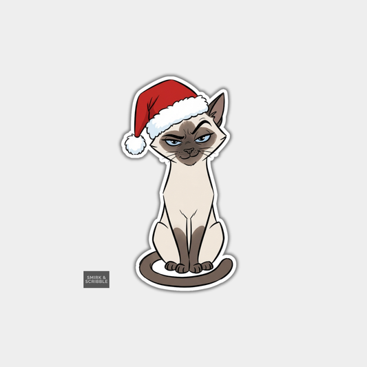 Funny Christmas Sticker - Judgy Siamese Cat In Santa Hat
