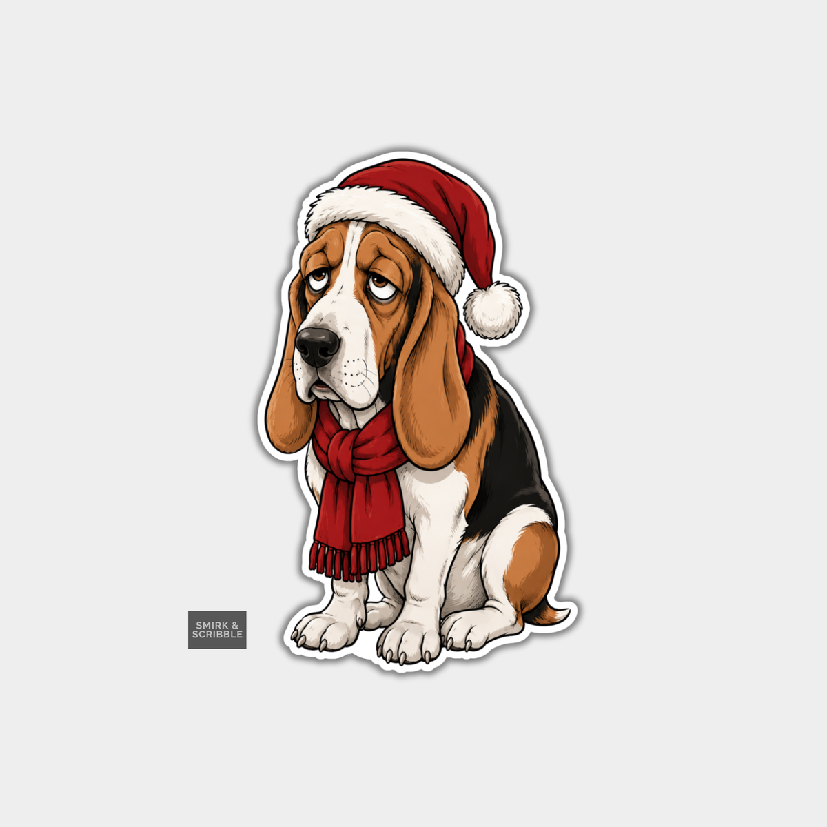 Funny Christmas Sticker - Sad Bassett Hound In Santa Hat
