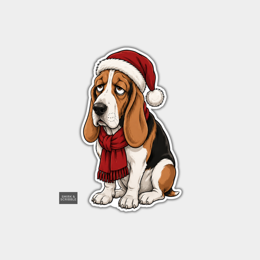 Funny Christmas Sticker - Sad Bassett Hound In Santa Hat