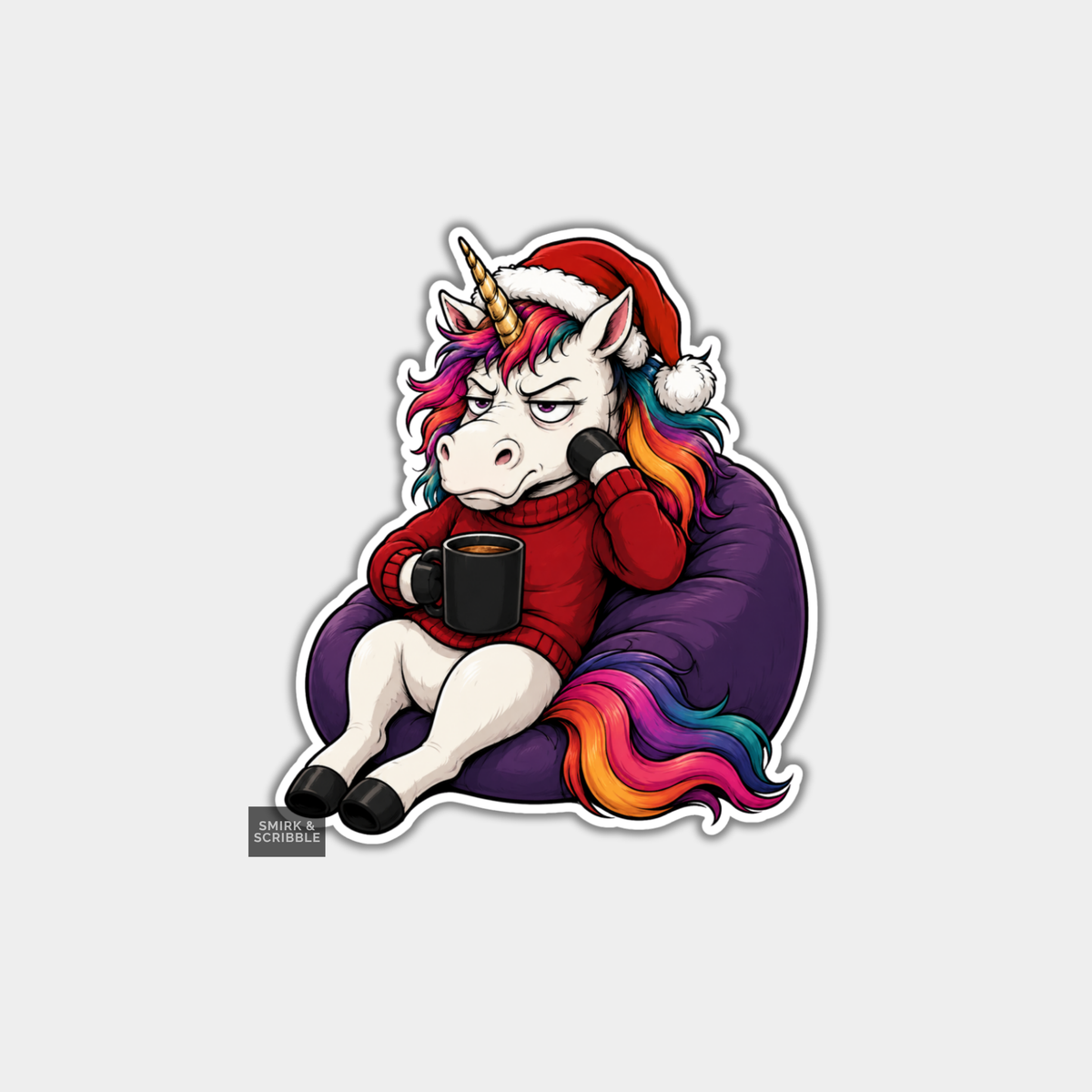 Funny Christmas Sticker - Sad Unicorn In Santa Hat