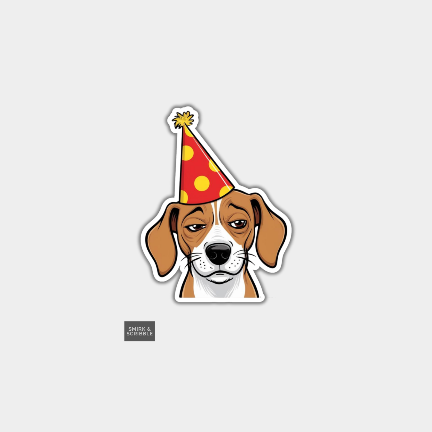Sticker of a dog wearing a party hat on a gray background
