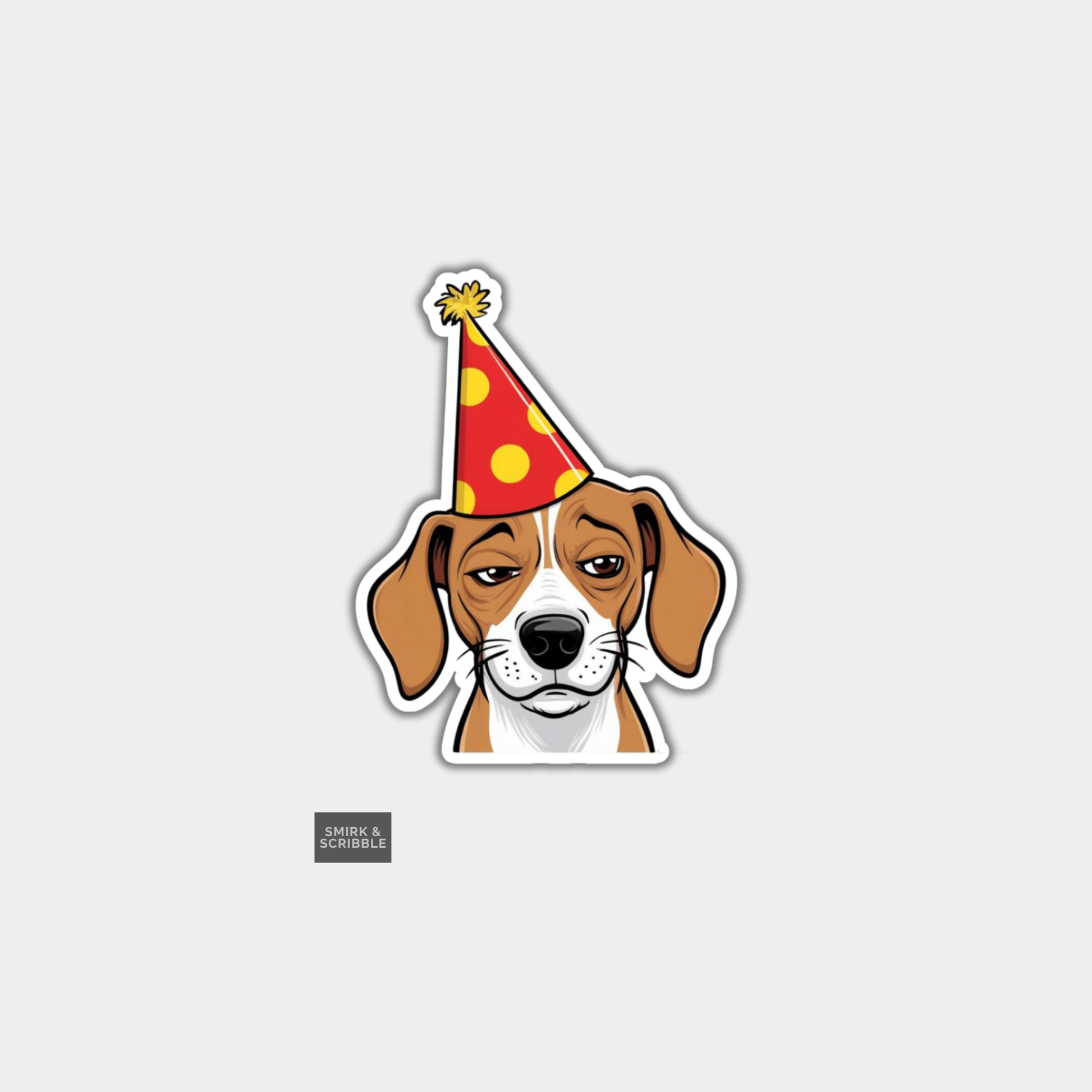Sticker of a dog wearing a party hat on a gray background