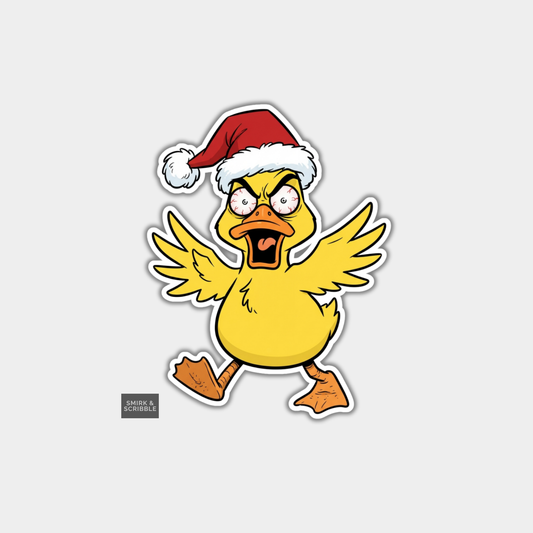 Funny Christmas Sticker - Angry Yellow Duck In Santa Hat