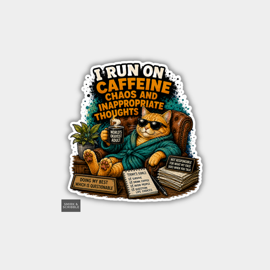 Funny Vinyl Die Cut Sticker - Caffeine Chaos Cat