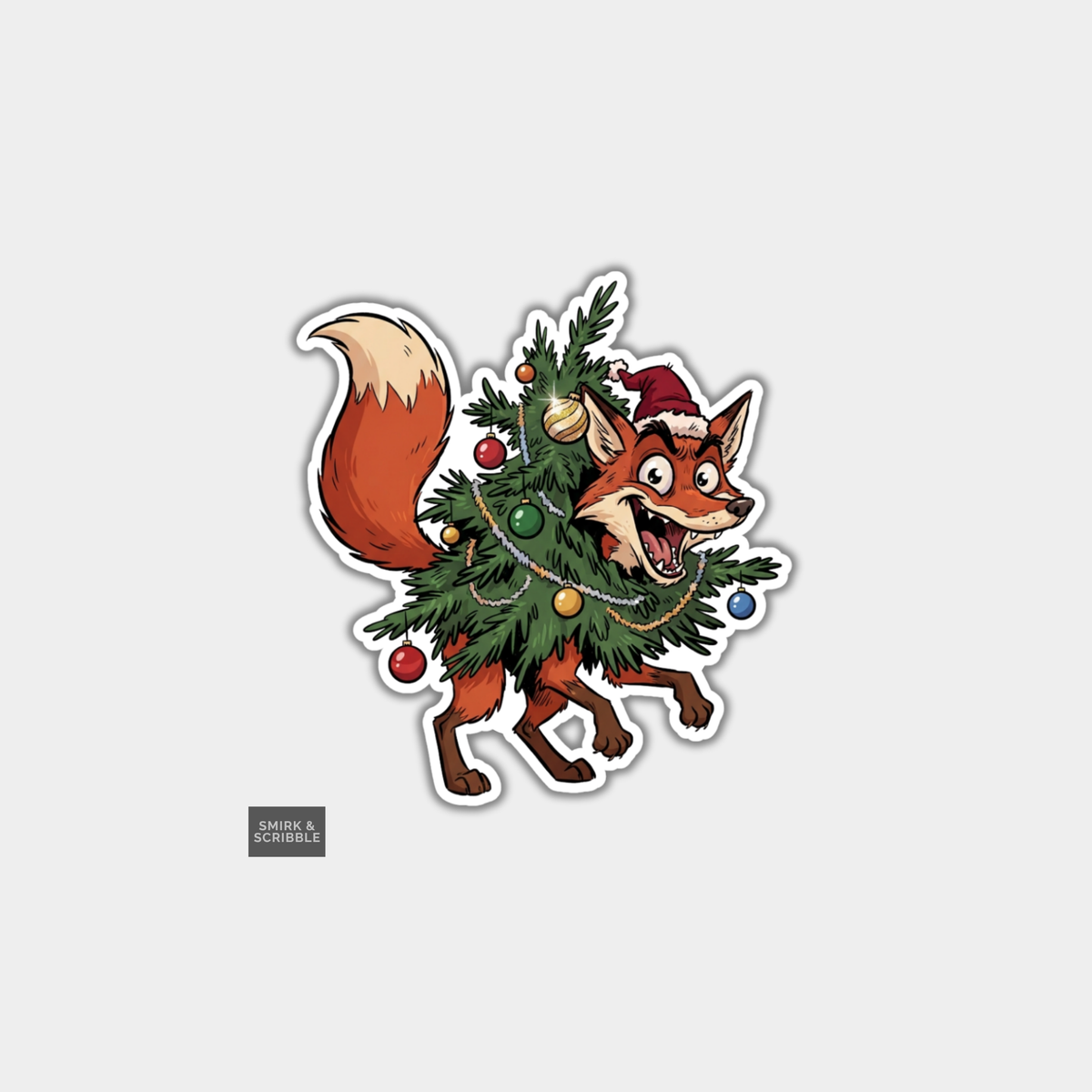 Funny Christmas Sticker - Cheeky Fox Stuck In Xmas Tree