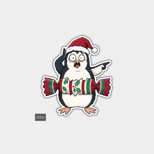 Funny Christmas Sticker - Penguin & Xmas Cracker