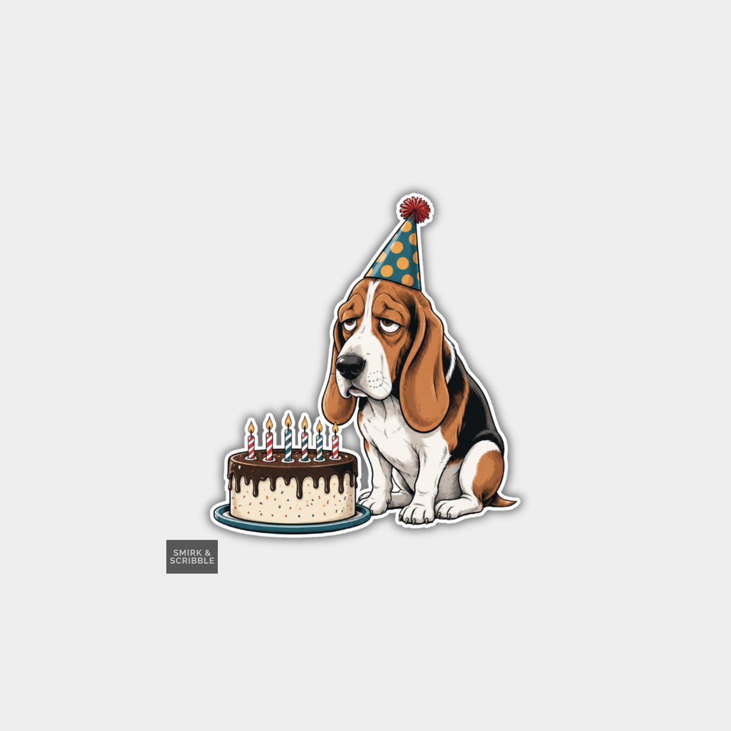 Funny Character Vinyl Sticker - Birthday Basset Hound