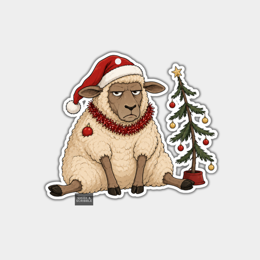 Funny Christmas Gift Tags - Cute Grumpy Sheep & Xmas Tree