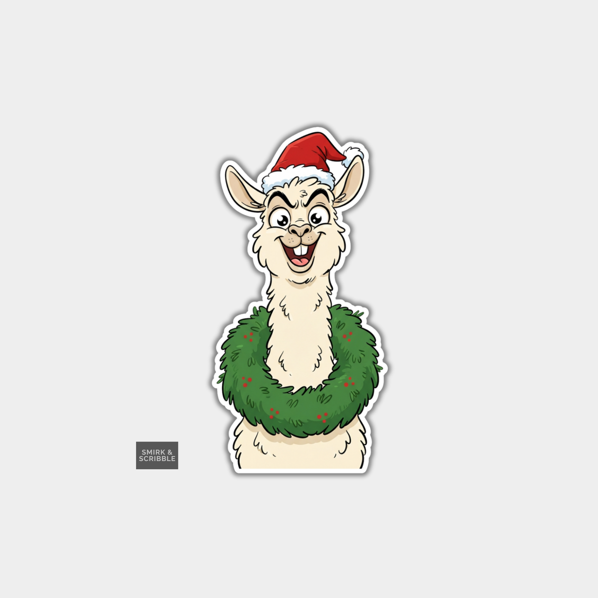 Funny Christmas Sticker - Cheeky Llama In Wreath