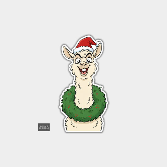 Funny Christmas Sticker - Cheeky Llama In Wreath