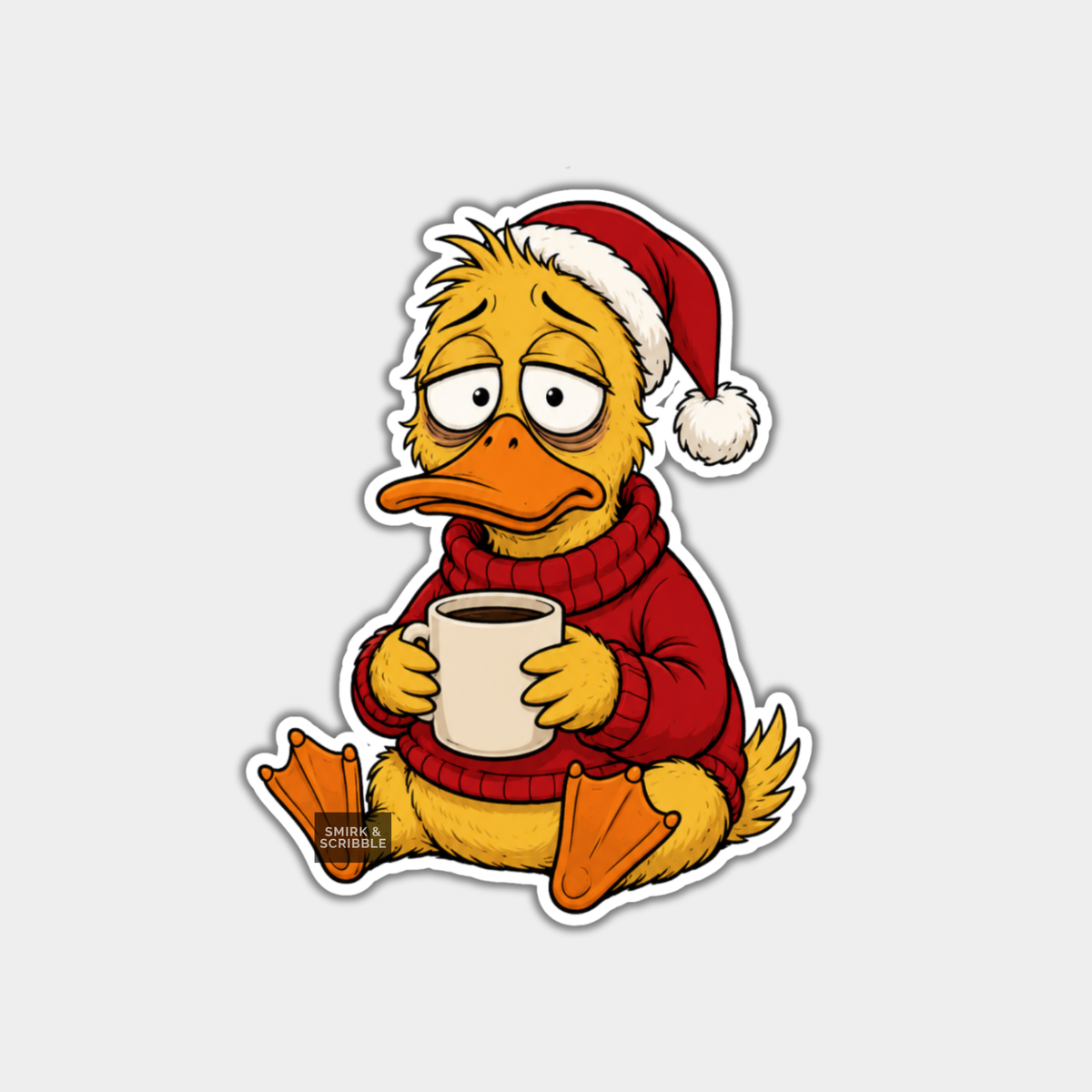 Funny Christmas Sticker - Sad Yellow Duck & Coffee